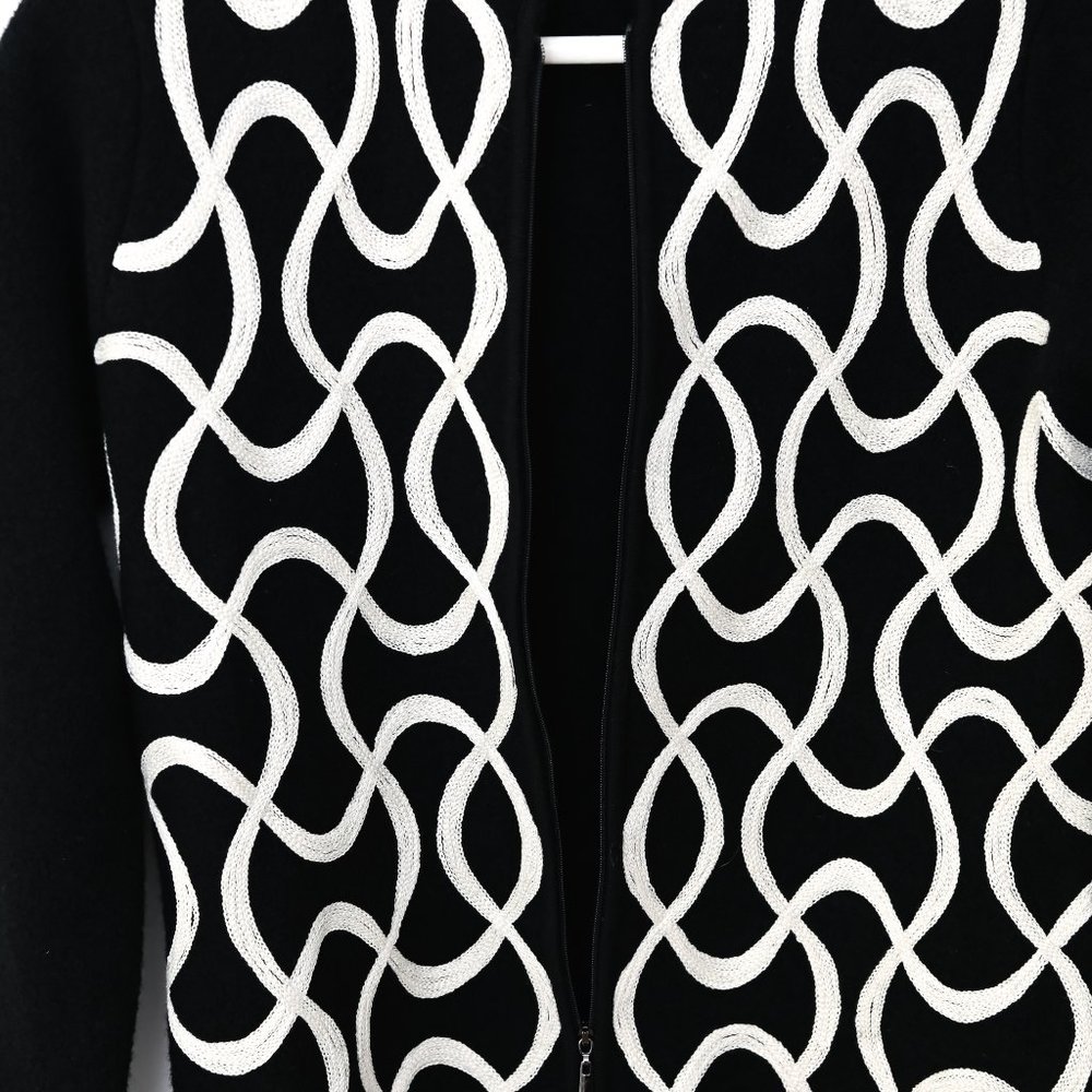 TALBOTS Black Zip Up Sweater Jacket with White Sartouche Braid - Size PM - Picture 6 of 14
